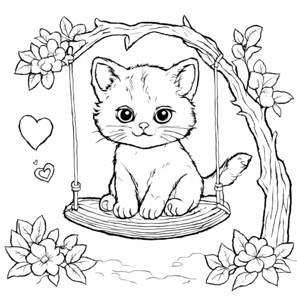 Download Cute Cartoon Kitten on a Swing Coloring pages Online ...