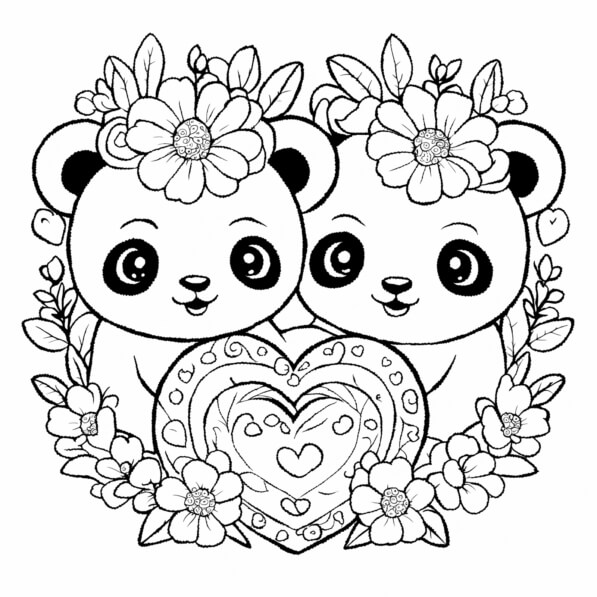 Download Cute Pandas with Floral Crowns and Heart Coloring pages Online ...