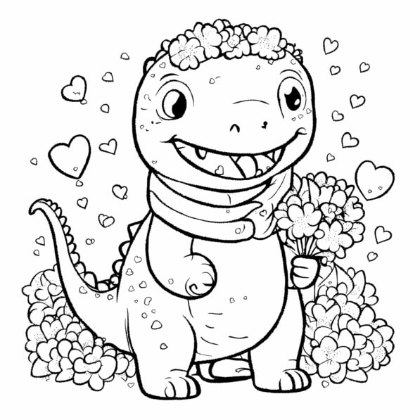 Niedlicher Dinosaurier-Charakter mit Blumen und Herzen Malvorlagen