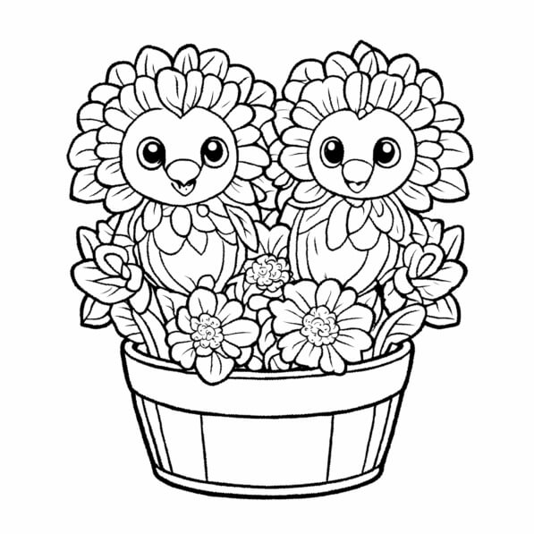 Download Whimsical Flower Birds in a Pot Coloring pages Online ...