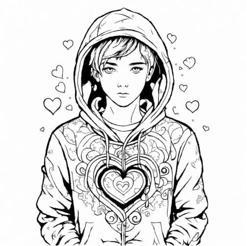 Stilisierte Illustration einer Person in einem Hoodie mit Herzmuster Hintergründe thumbnail