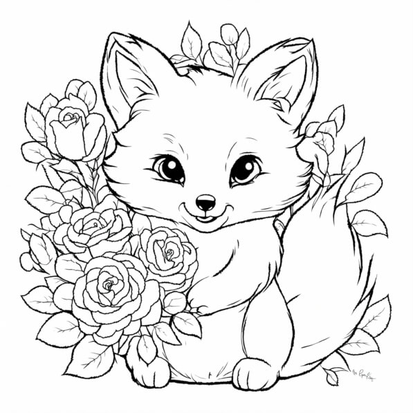 Download Cute Fox with Roses Coloring pages Online - Creative Fabrica