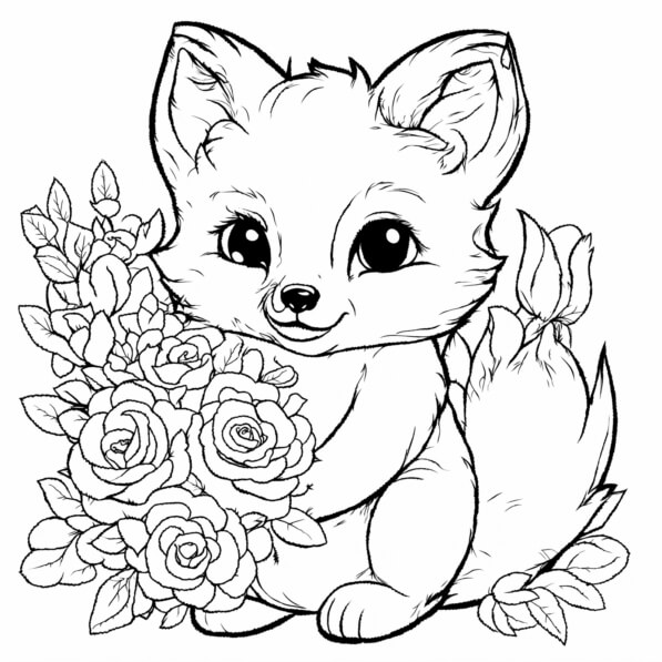 Download Cute Fox with Bouquet of Roses Coloring pages Online ...