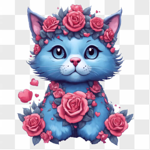 Download Cute Blue Cat with Pink Roses Cartoons Online - Creative Fabrica