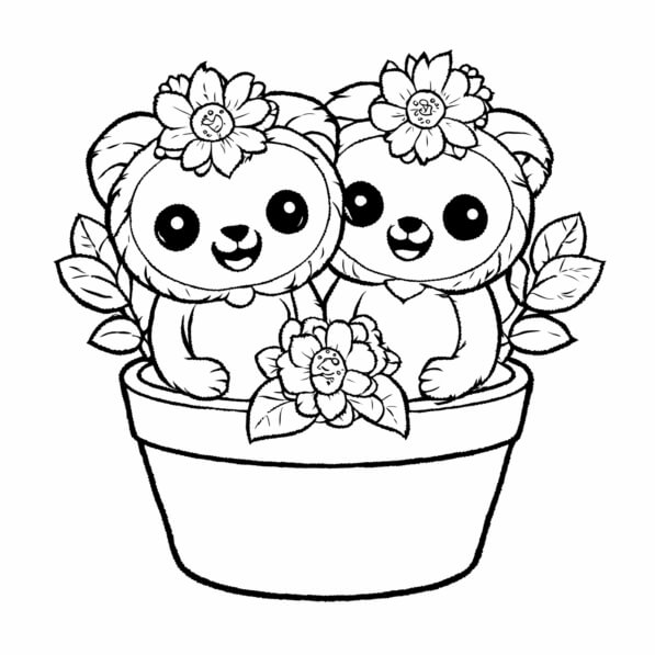 Download Cute Pandas in Flower Pot Coloring pages Online - Creative Fabrica