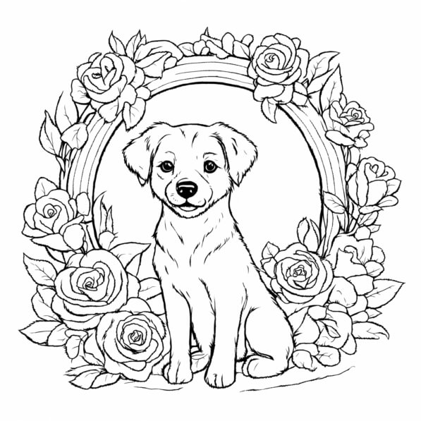 Download Puppy Surrounded by Roses and Rainbow Coloring pages Online ...