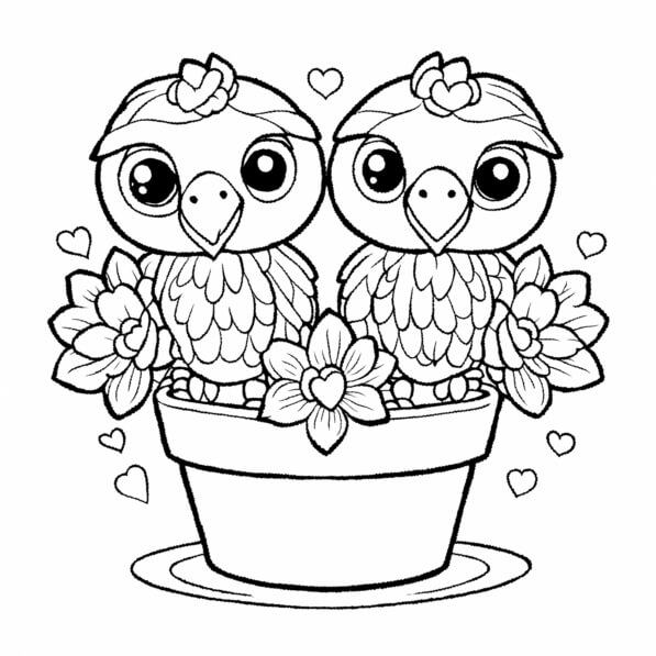 Download Cute Cartoon Birds in Flower Pot with Hearts Coloring pages ...