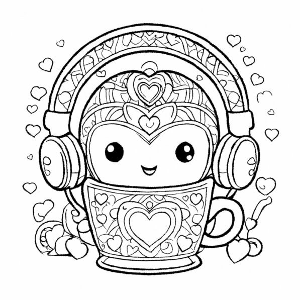 Download Cute Robot in a Teacup with Headphones Coloring pages