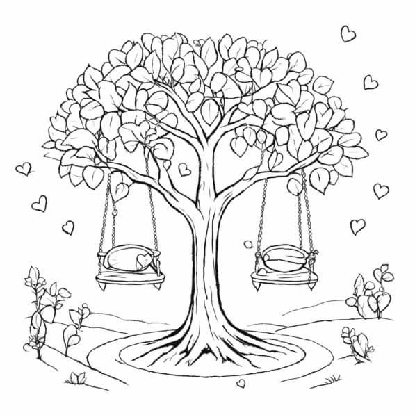Download Whimsical Tree with Swings and Hearts Coloring pages Online ...