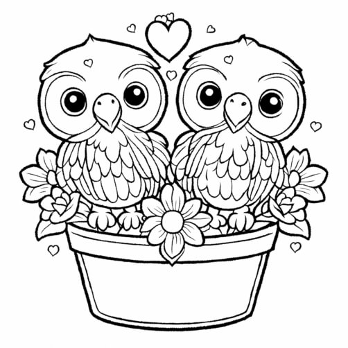 Download Cute Cartoon Birds in Flower Pot with Hearts Coloring pages ...