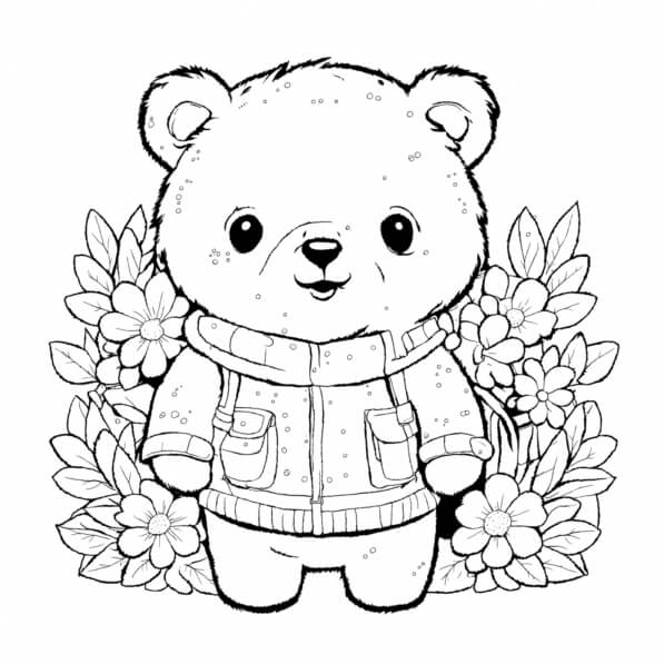 Download Cute Cartoon Bear Surrounded by Flowers Coloring pages Online ...