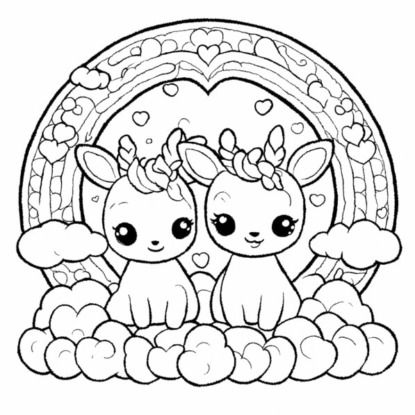Download Cute Unicorn-Deer Creatures with Rainbow and Clouds Coloring ...