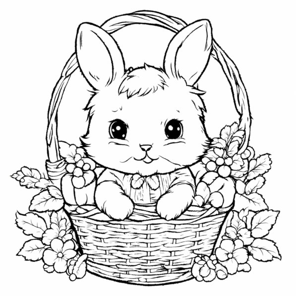 Download Cute Rabbit in Basket with Flowers Coloring pages Online ...