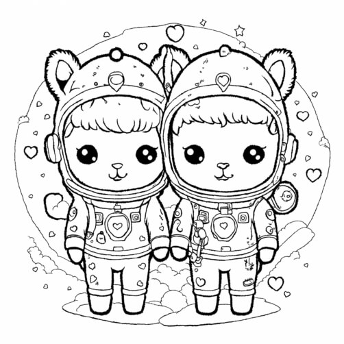 Download Cute Cartoon Bunnies in Space with Hearts Coloring pages ...