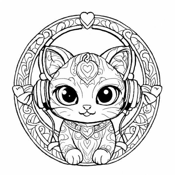 Download Cute Cat with Headphones and Ornate Frame Coloring pages