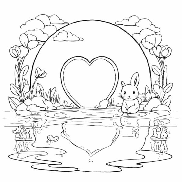 Download Cute Rabbit by a Pond with Heart Reflection Coloring pages ...