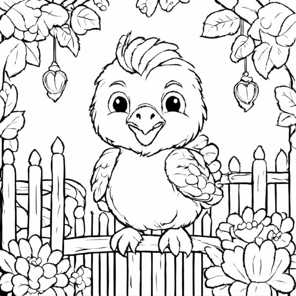 Download Cute Cartoon Bird with Flowers and Fence Coloring pages Online ...