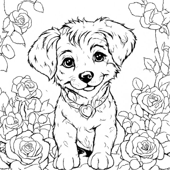 Download Cute Puppy Surrounded by Roses Coloring pages Online ...