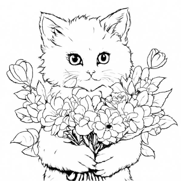 Download Cute Cat Holding Flowers Coloring pages Online - Creative Fabrica