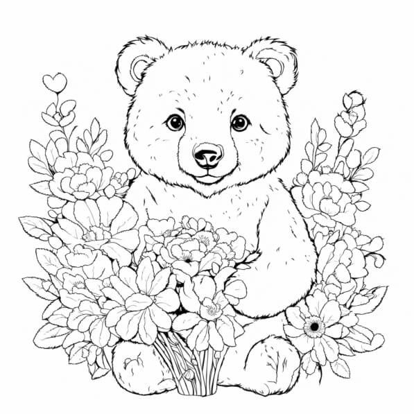 Download Bear Cub Surrounded by Flowers Coloring pages Online ...