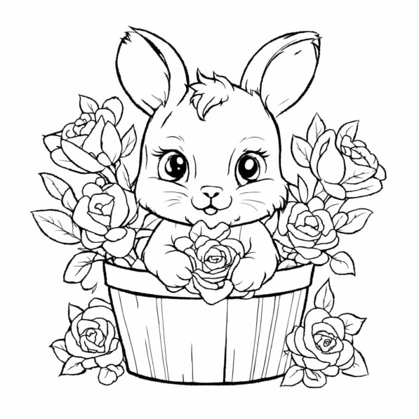 Download Cute Bunny in Flower Pot Coloring pages Online - Creative Fabrica