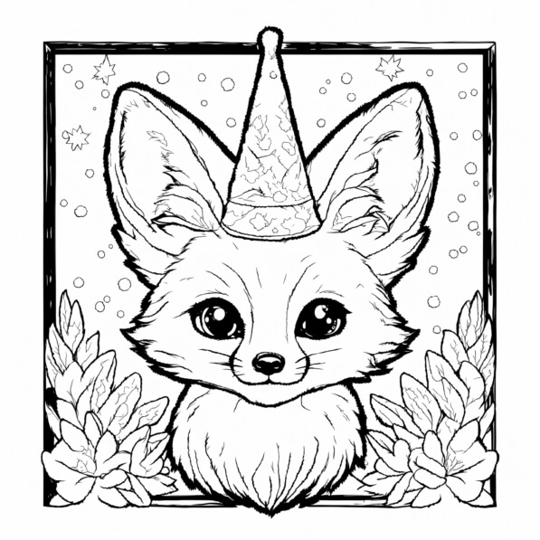 Download Cute Fox in a Party Hat Coloring pages Online - Creative Fabrica