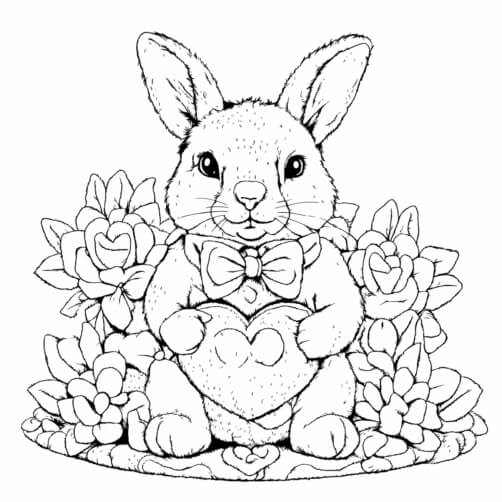 Template Coluring Rabbit With Flowers Download Cute Rabbit Holding Heart Surrounded by Flowers Coloring pages ...