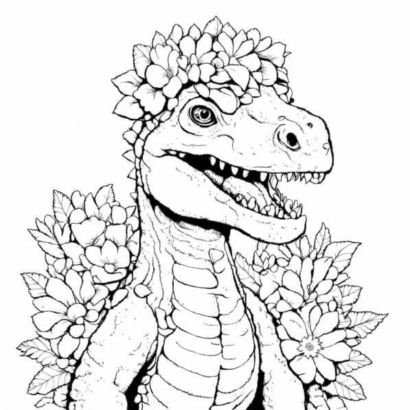 Download Whimsical Dinosaur with Floral Crown Coloring pages Online ...