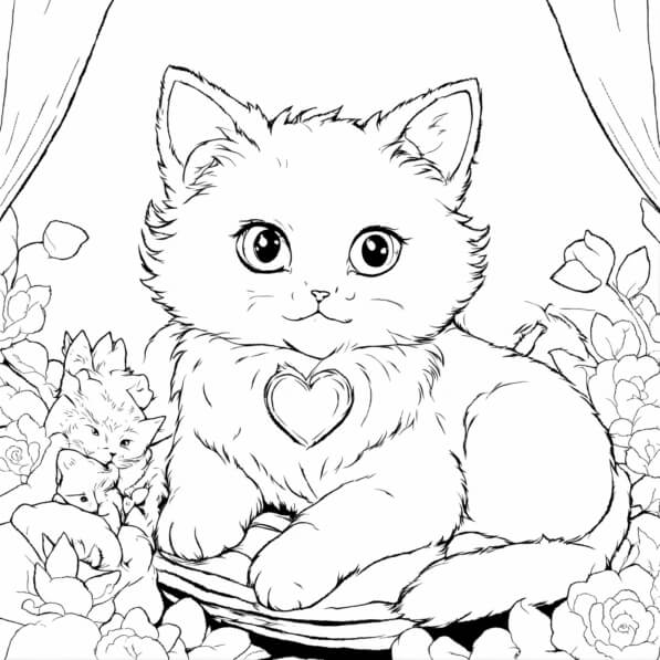 Download Cute Cat Illustration with Flowers Coloring pages Online ...
