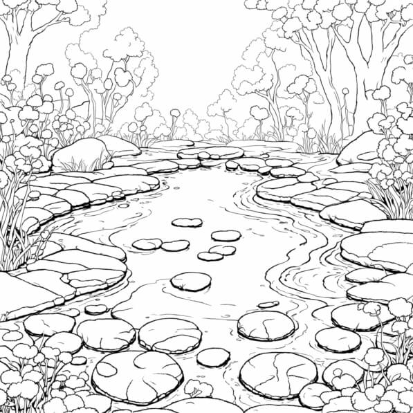 Download Serene Stream in Nature Coloring pages Online - Creative Fabrica