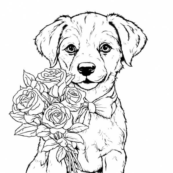 Download Puppy with Roses Coloring pages Online - Creative Fabrica