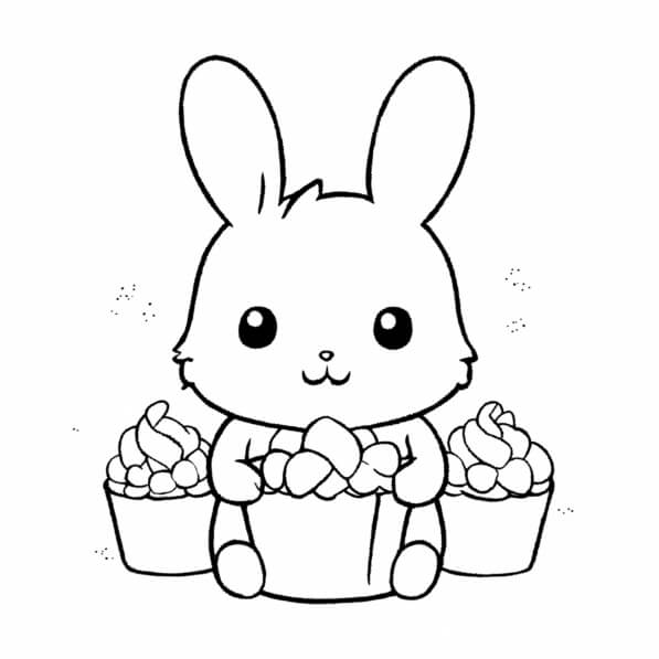 Download Cute Bunny with Cupcakes Coloring pages Online - Creative Fabrica
