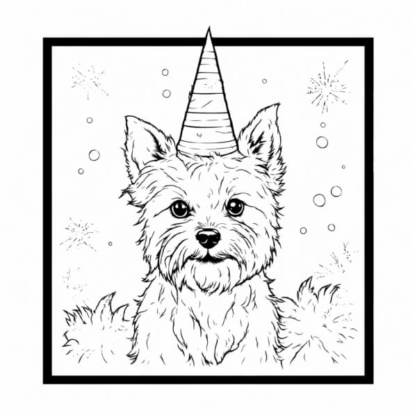Download Happy Dog in a Party Hat Coloring pages Online - Creative Fabrica