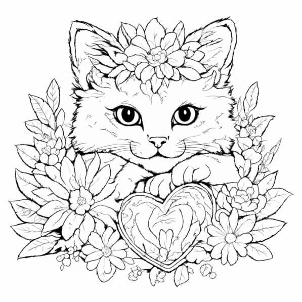 Download Illustration of a Cat with Flowers and Heart Coloring pages ...
