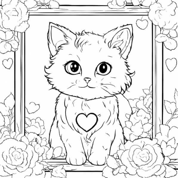 Download Cute Cat with Heart in Floral Frame Coloring pages Online ...