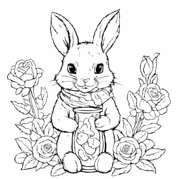 Download Cute Rabbit with Flowers Coloring pages Online - Creative Fabrica