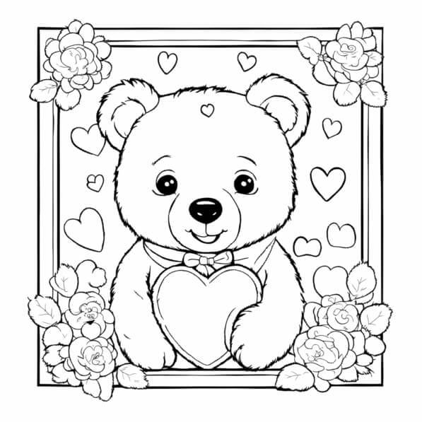 Download Cute Teddy Bear Holding a Heart with Flowers and Hearts ...