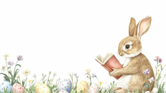 Rabbit Reading a Book Among Easter Eggs and Flowers thumbnail