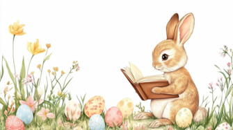 Rabbit Reading a Book Among Easter Eggs and Flowers thumbnail