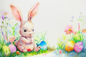Cute Bunny with Colorful Easter Eggs and Flowers thumbnail
