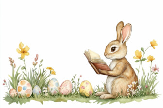 Rabbit Reading a Book Surrounded by Easter Eggs and Flowers thumbnail