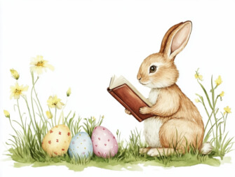 Whimsical Rabbit Reading a Book with Easter Eggs thumbnail