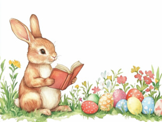 Rabbit Reading a Book Among Easter Eggs thumbnail