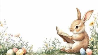 Rabbit Reading a Book in a Flower Field with Easter Eggs thumbnail
