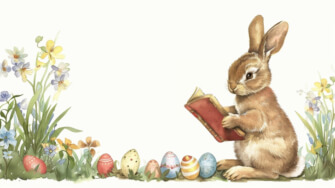 Rabbit Reading in a Floral Scene with Easter Eggs thumbnail