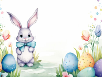 Easter Bunny with Colored Eggs and Flowers thumbnail
