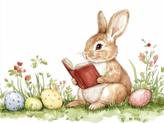 Rabbit Reading a Book Among Easter Eggs thumbnail