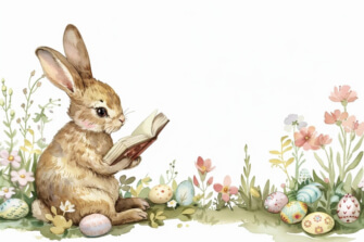 Rabbit Reading Among Flowers and Easter Eggs thumbnail