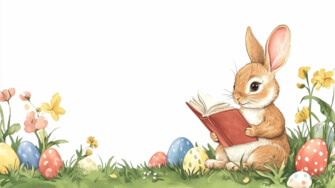 Rabbit Reading a Book Surrounded by Easter Eggs and Flowers thumbnail