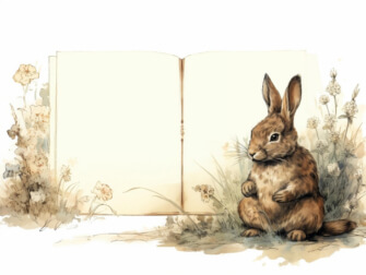 Rabbit beside an open book in a flowered field thumbnail